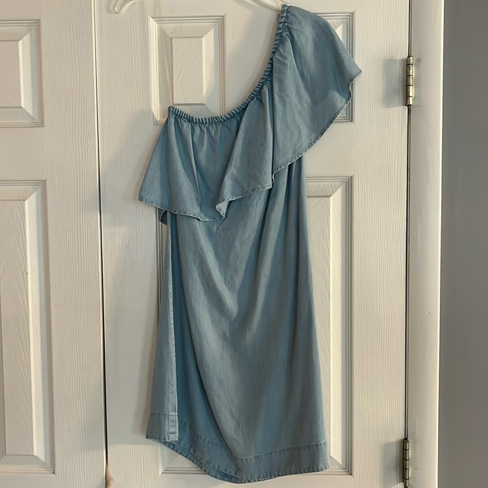 7 For All Mankind blue one shoulder ruffle dress. Denim looking but soft fabric